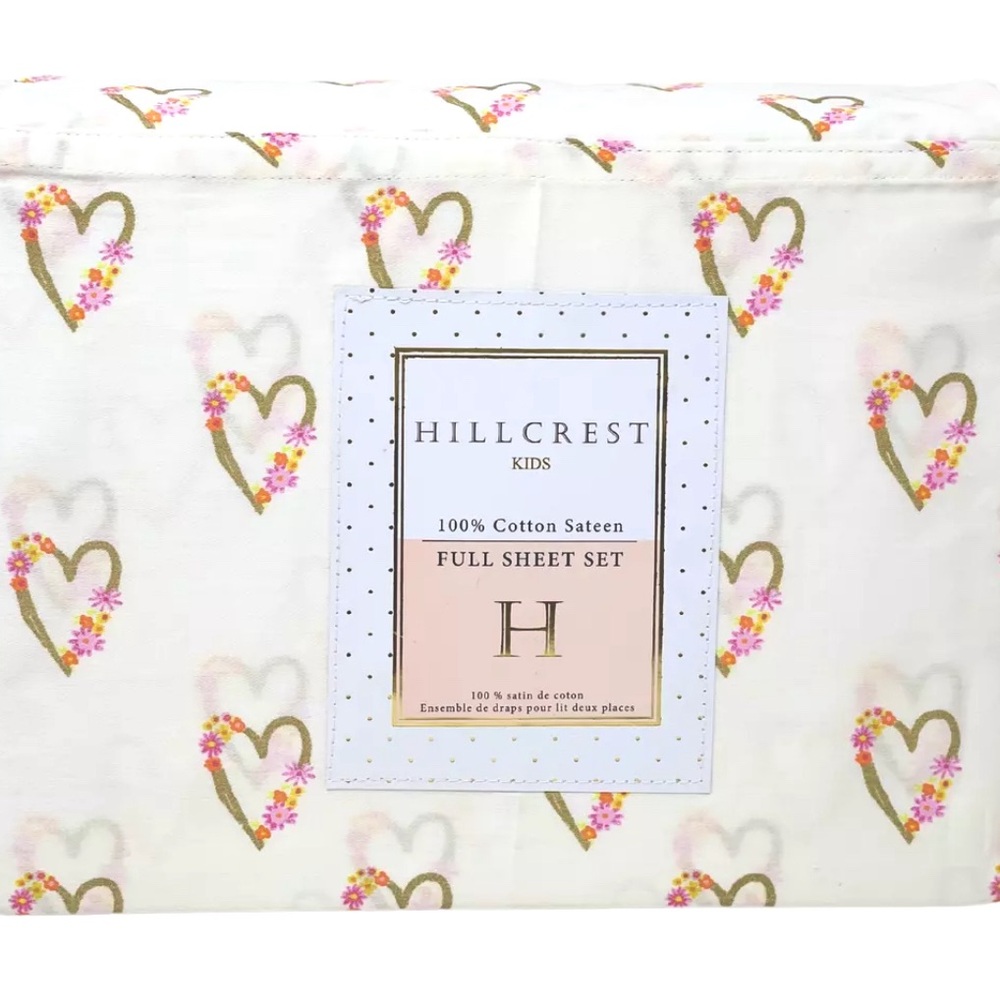 Kids Full Sheet Set - Cream with Pink and Green Hearts